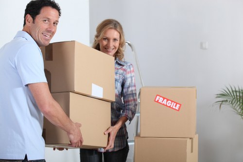 Packed storage boxes and furniture ready for mobile self storage in Brompton