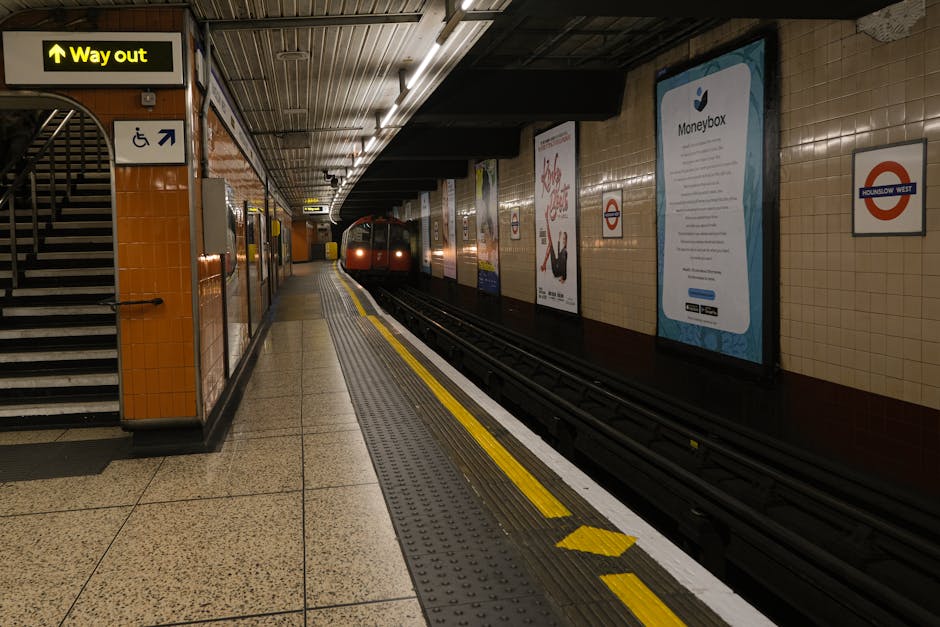 View of a tiled staircase in a London underground station, with metal handrails on both sides and dark grey steps leading down to a platform. A person can be seen at the bottom of the staircase, stand